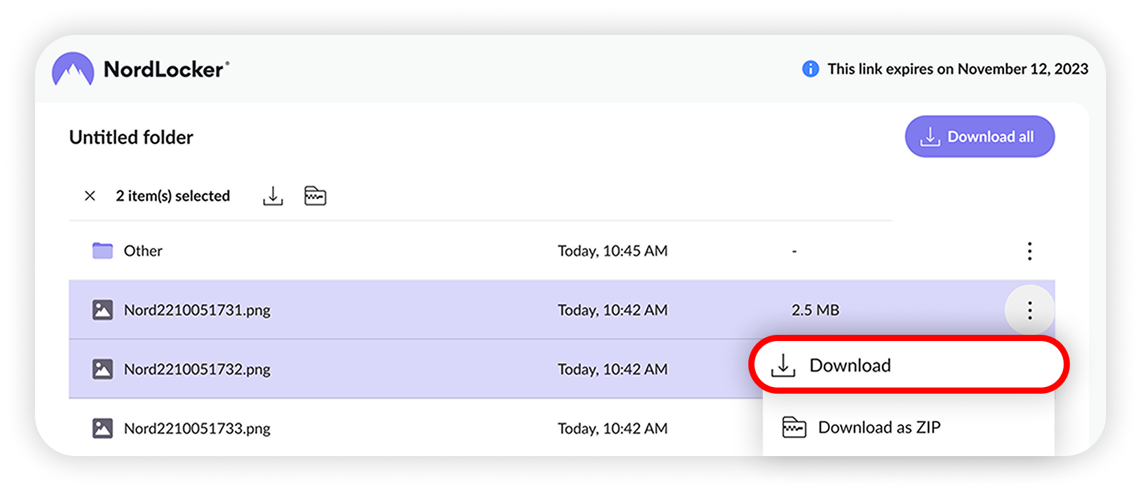 View of NordLocker web app's download files section, download button is highlighted.png