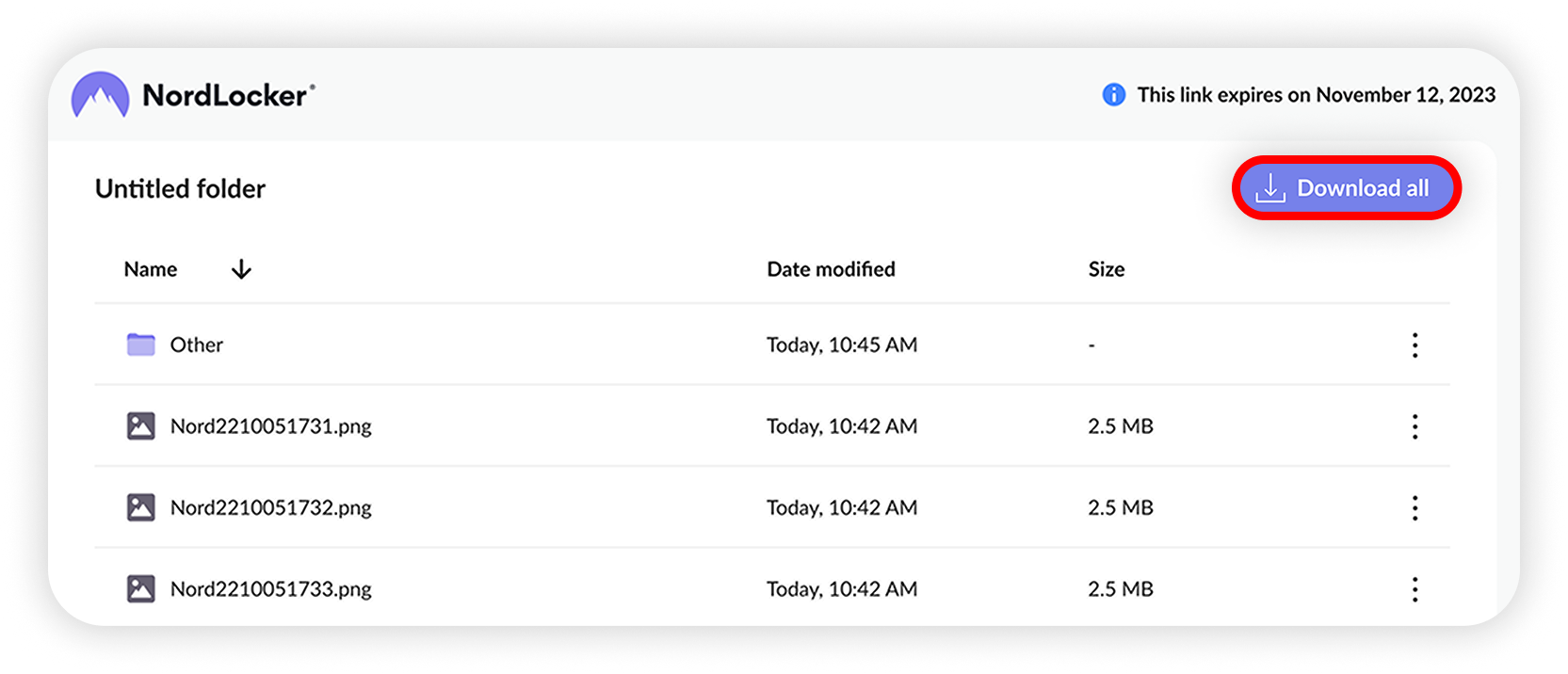 View of NordLocker web app's download files section, download all button is highlighted.png