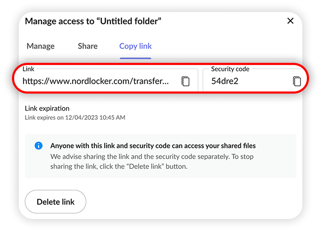 View of NordLocker web app's  folder manage access section, link and security code are highlighted.png