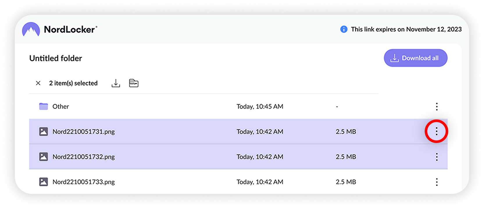 View of NordLocker web app's download files section, three dot button is highlighted.png