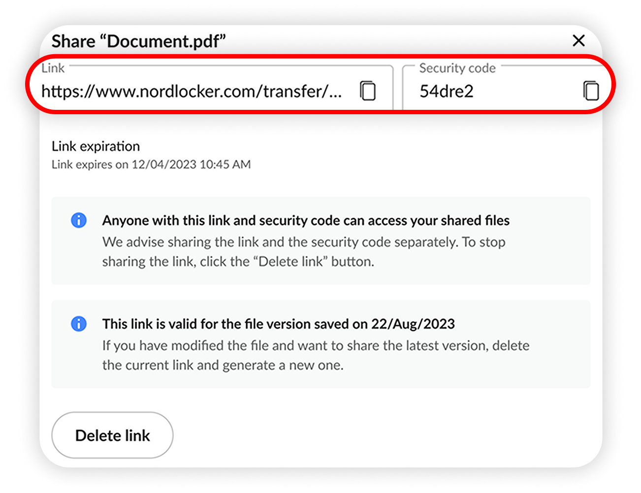 View of NordLocker web app's  file sharing section, link and security code are highlighted.png