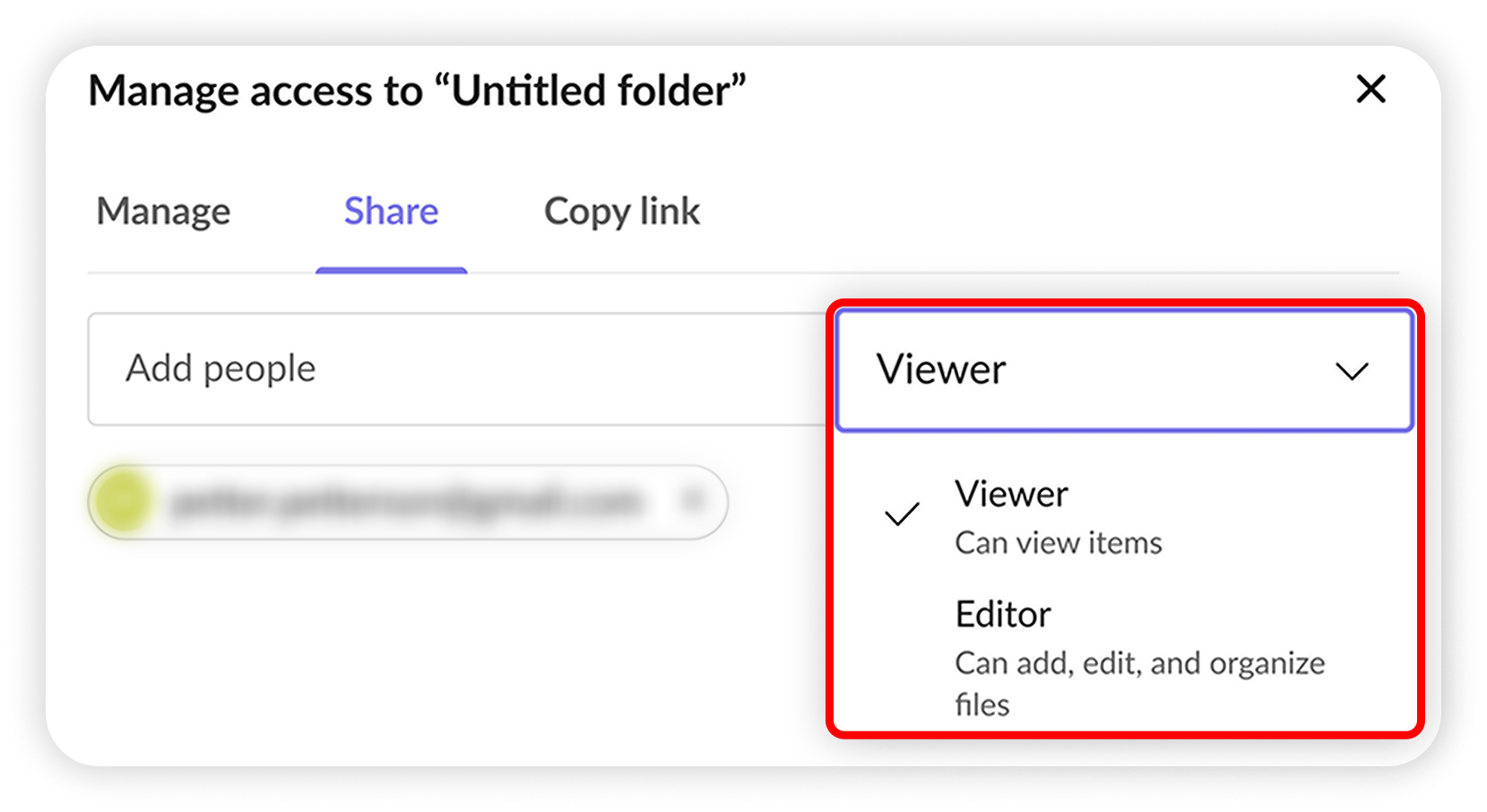 View of NordLocker web app's manage access section, perm dropdown is highlighted.png