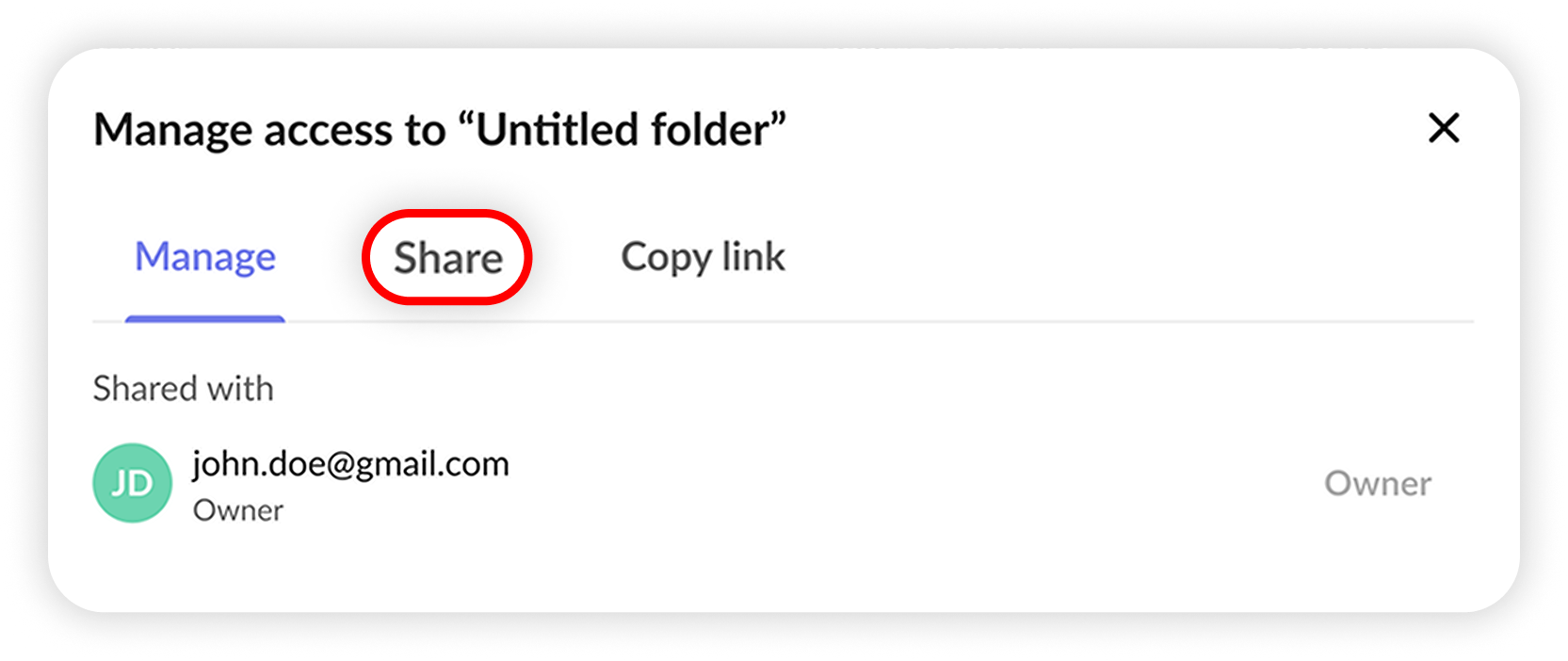 View of NordLocker web app's manage access section, share button is highlighted.png
