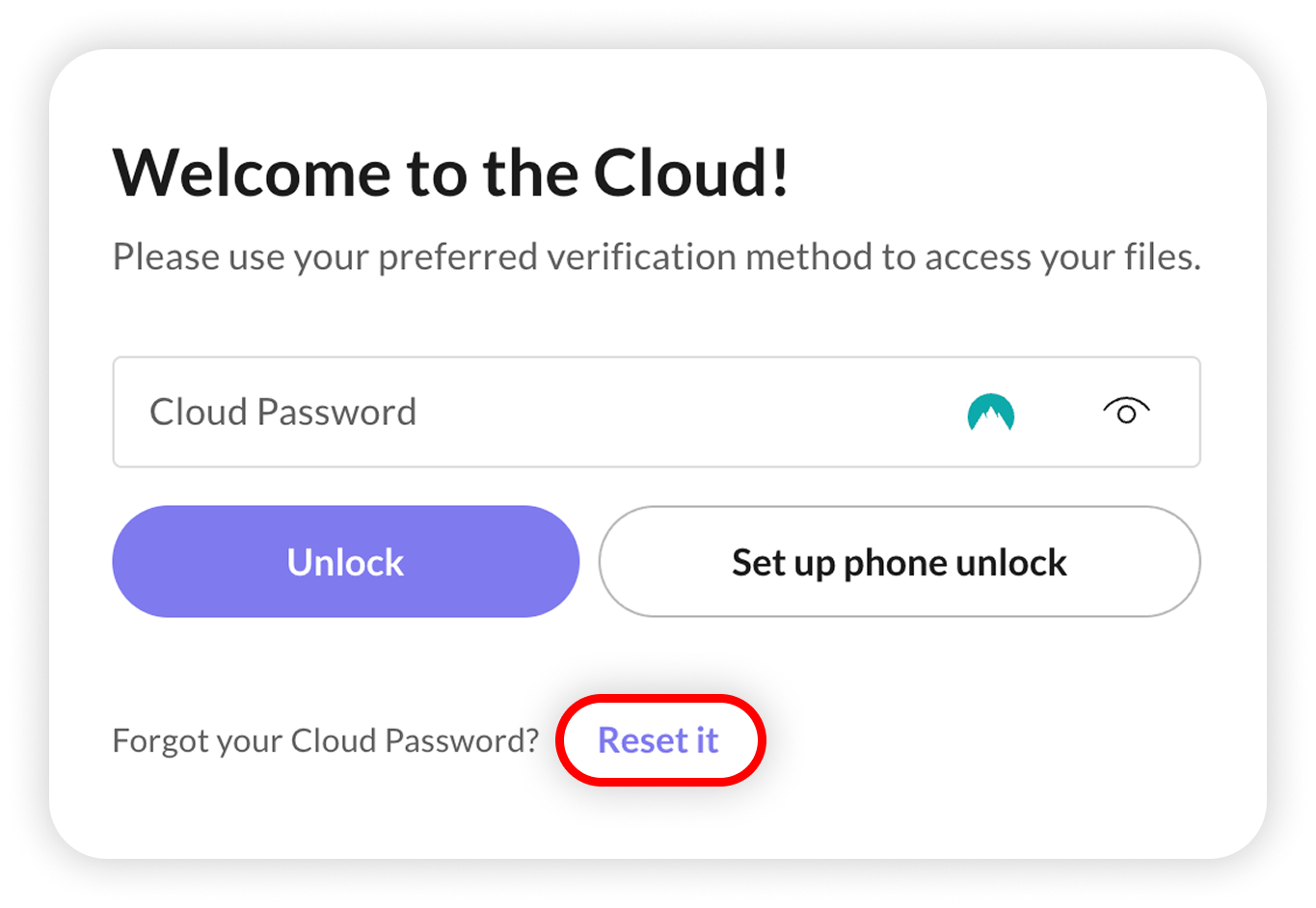 View of NordLocker web app unlock cloud page, reset is highlighted.png