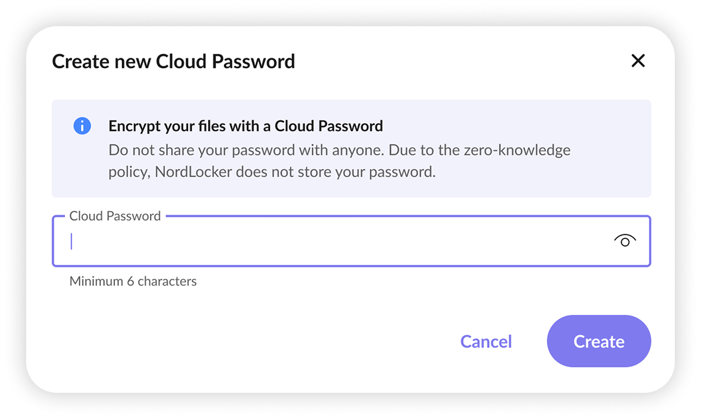 View of NordLocker web app enter new Cloud password prompt.png