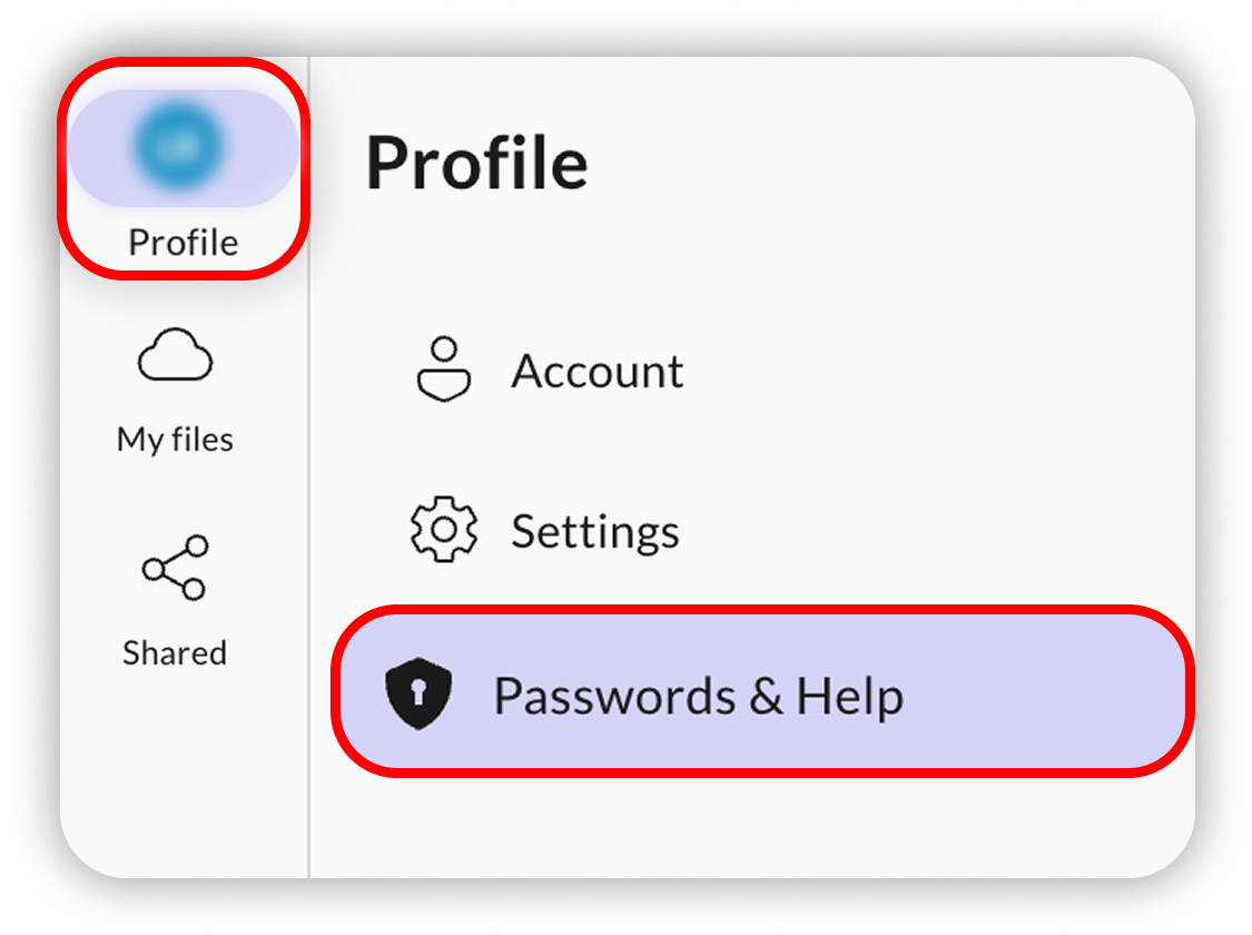 View of NordLocker web app dashboard upper-left side, profile is highlighted, and passwords and help.png