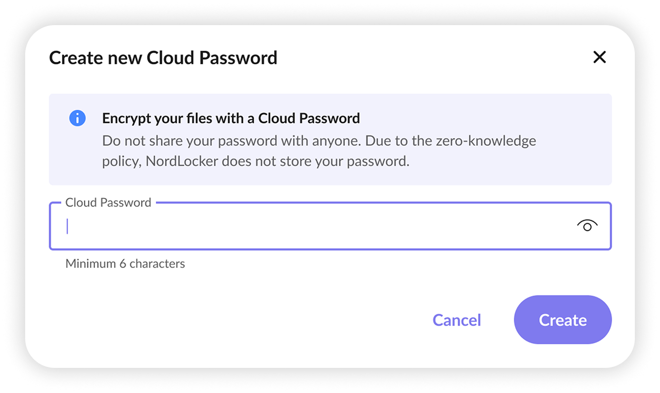 View of NordLocker web app enter new Cloud password prompt.png