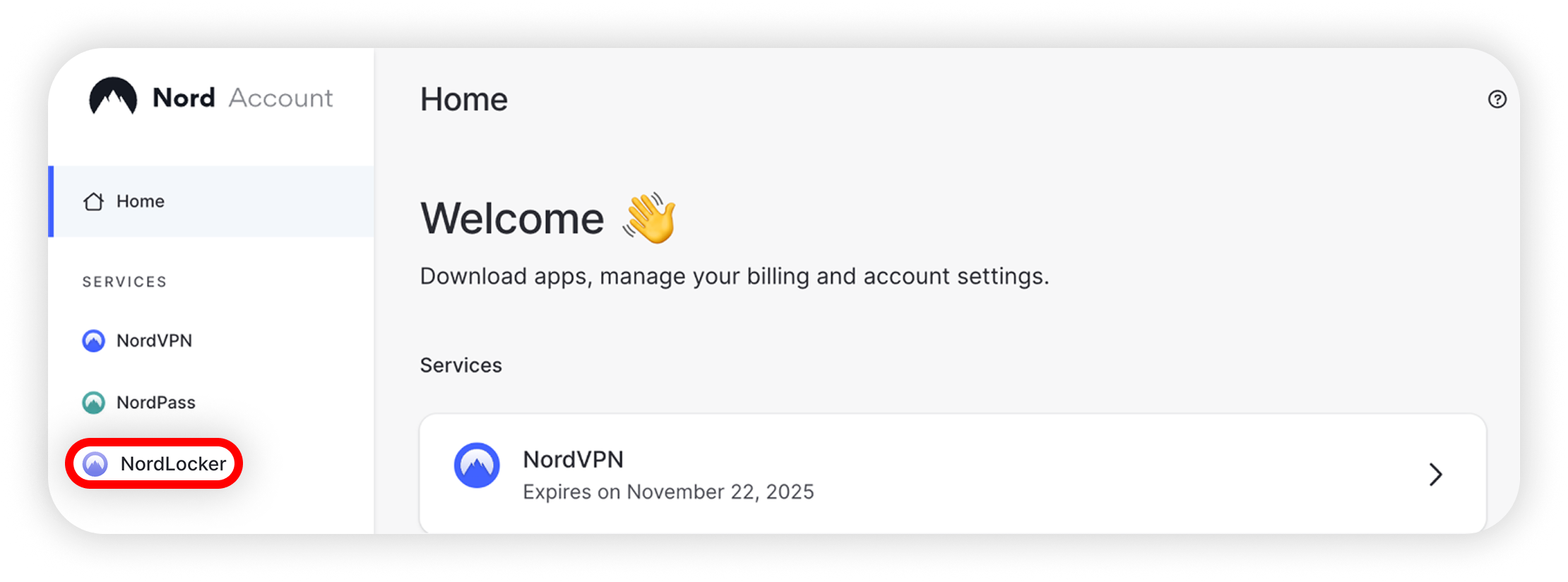 View of NA home section, NordLocker button is highllighted.png