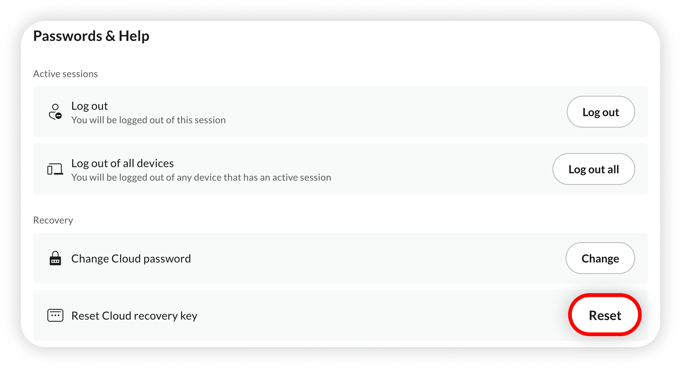 View of NordLocker password&help section, reset button is highlighted.png