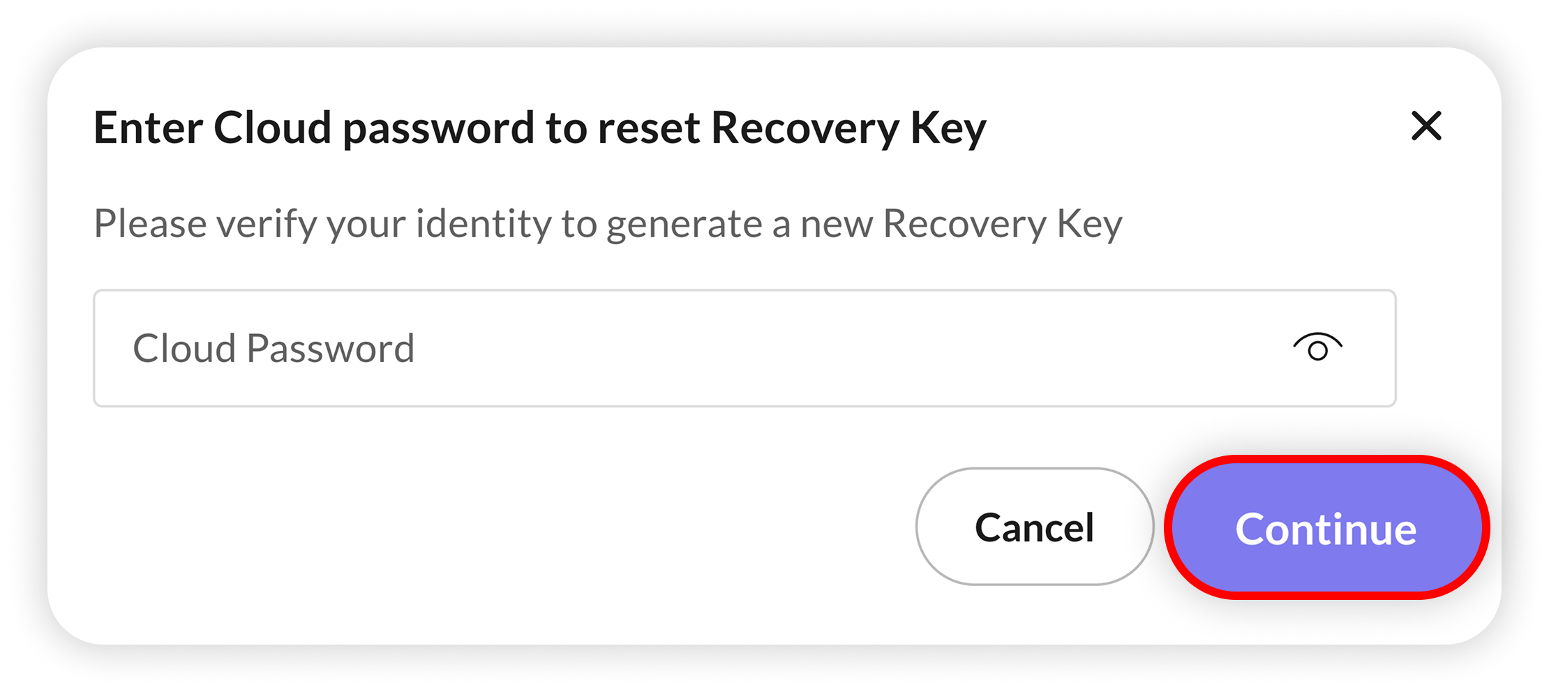 View of NordLocker recovery key change, continue button is highlighted.png