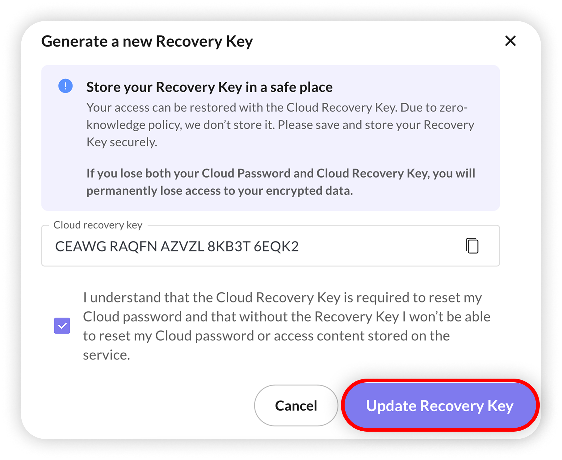 View of NordLocker new password cloud password, update recovery key is highlighted.png