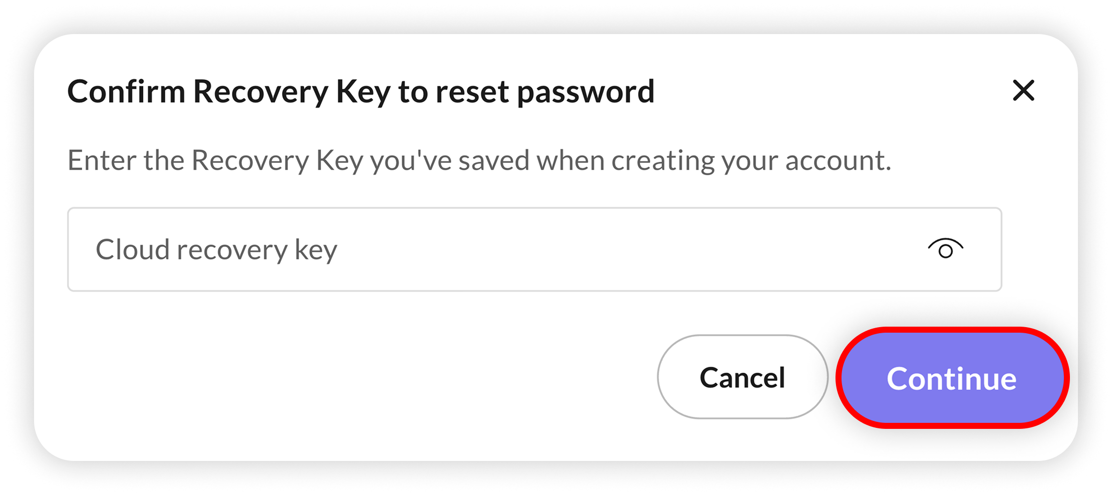 View of NordLocker cloud password change, continue button is highlighted.png