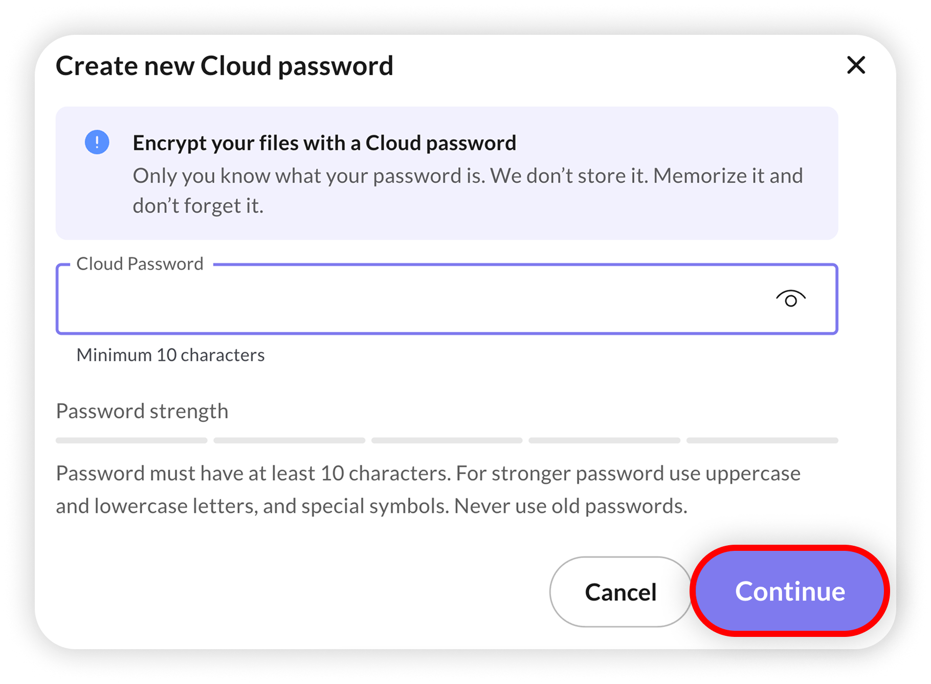 View of NordLocker new cloud password section, continue button is highlighted.png