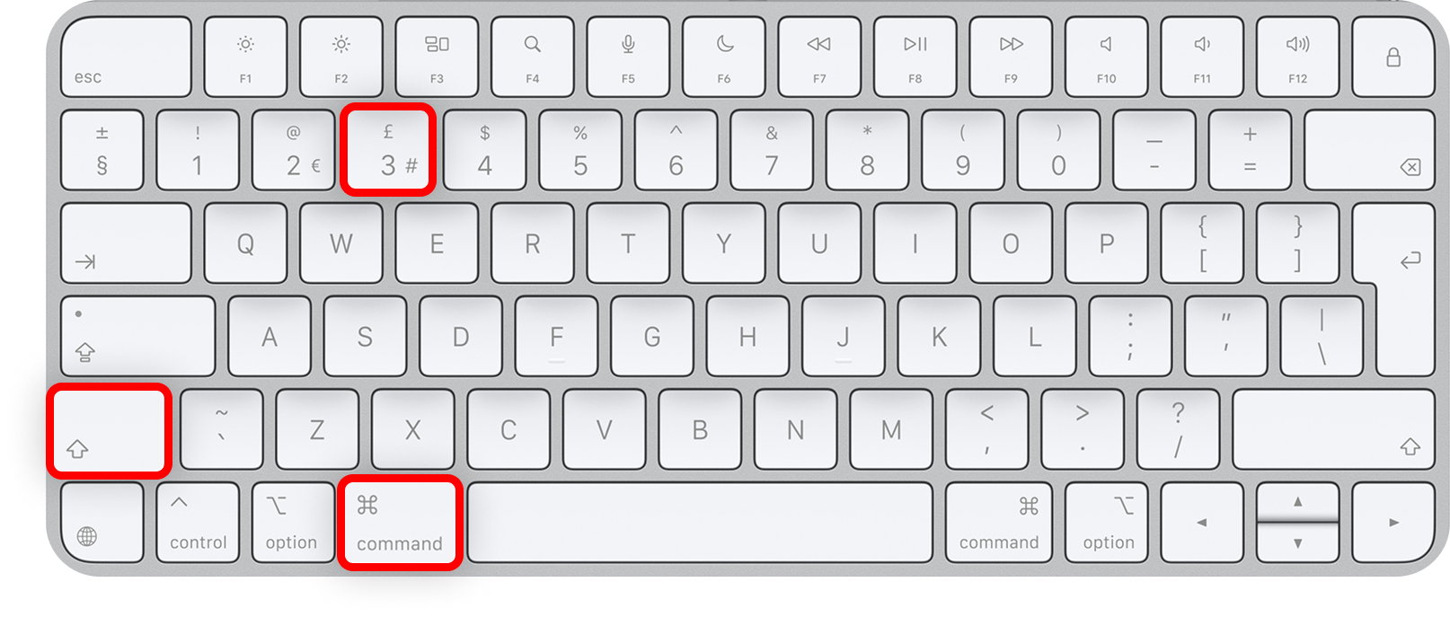 View of macOS keyboard layout with highlighted keys to screenshot entire screen.png