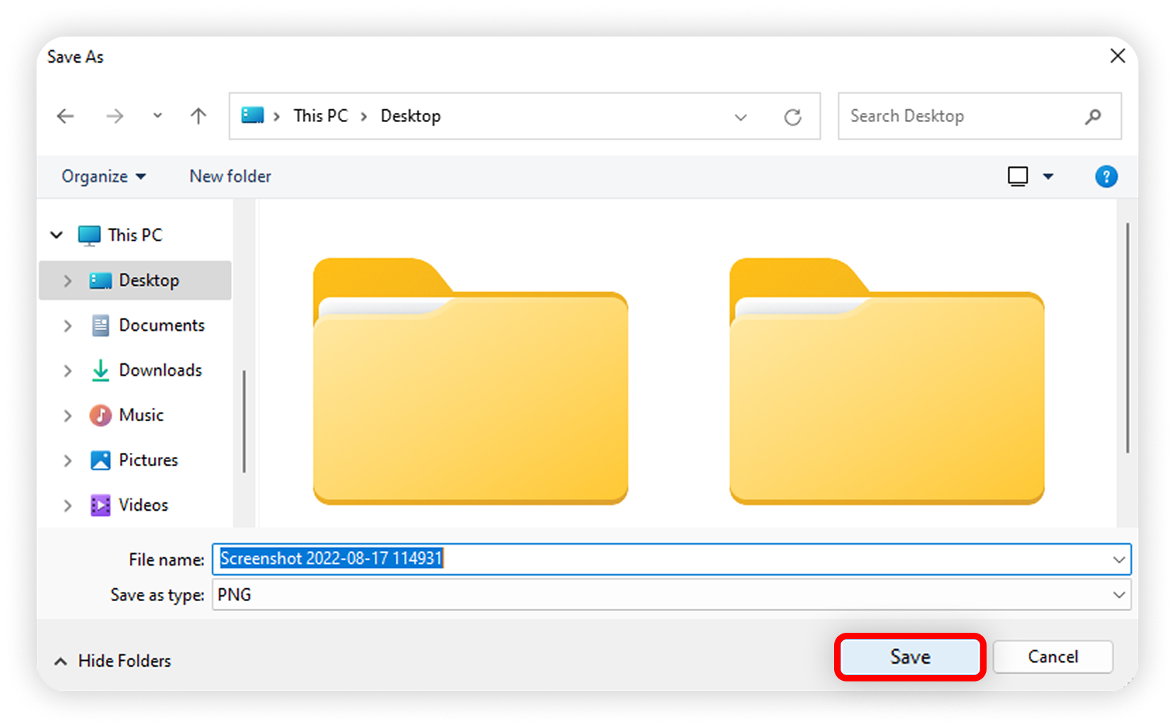View of Windows save as section, save button is highlighted.png
