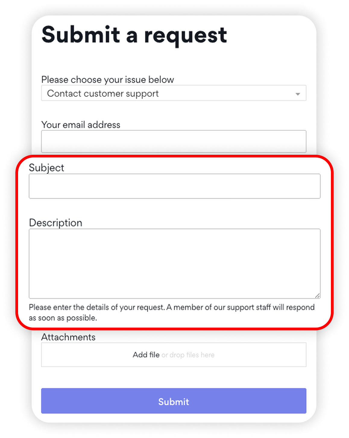View of NordLocker customer support request, subject and descripton text fields are highlighted.png