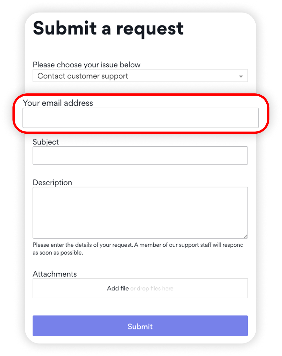 View of NordLocker customer support request, email address text field is highlighted.png