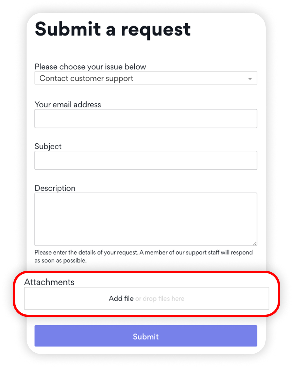 View of NordLocker customer support request, attachments button is highlighted.png