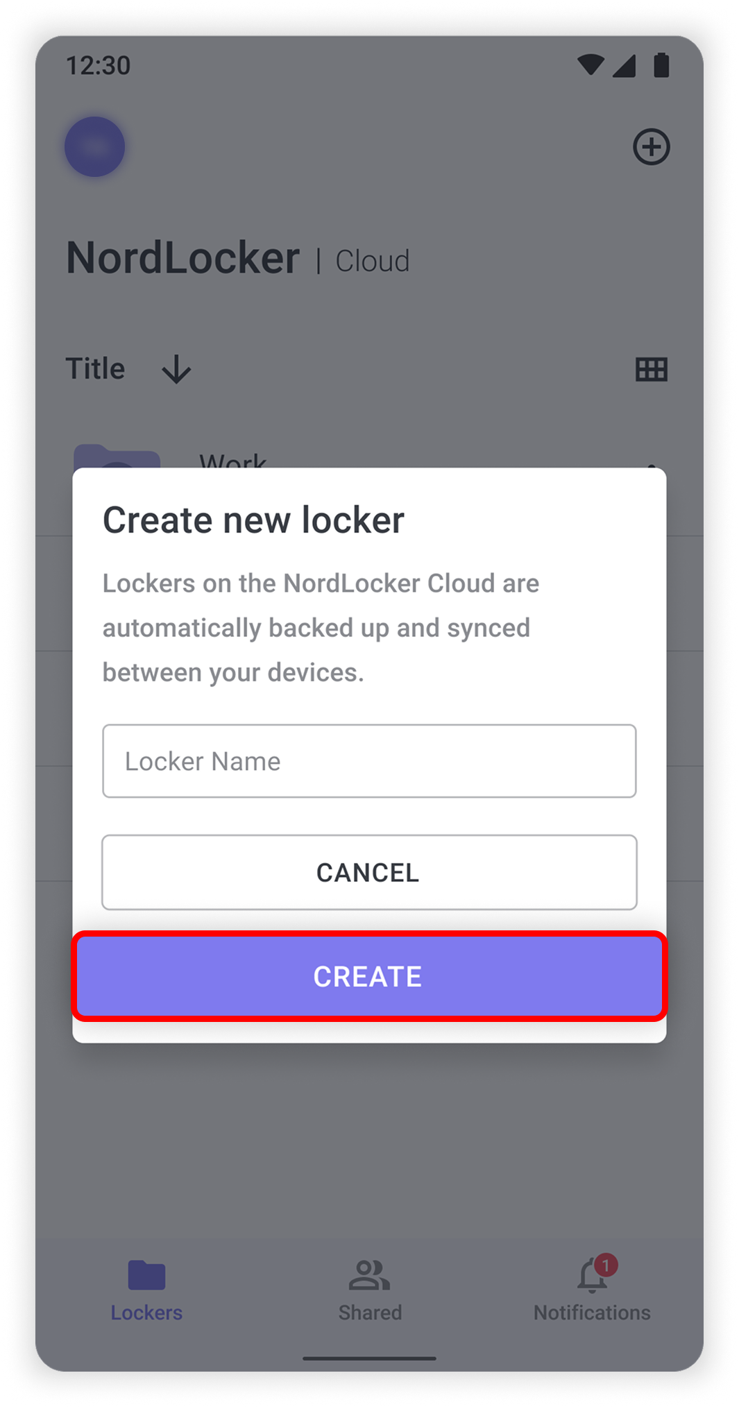 View of NordLocker Android app create new locker section, create button is highlighted.png