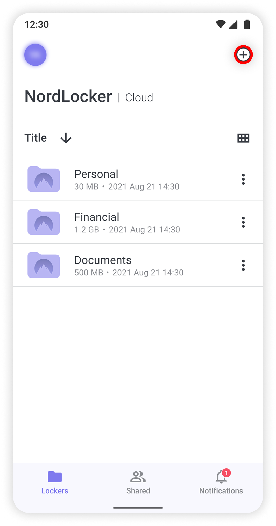 View of NordLocker Android app, plus button is highlighted.png