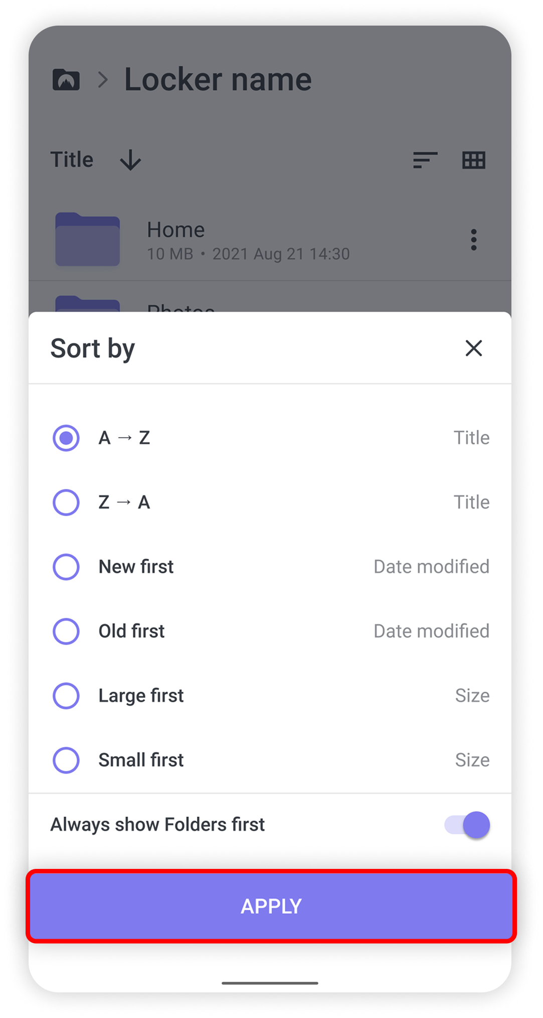 View of NordLocker Android app sorting section, apply button is highlighted.png