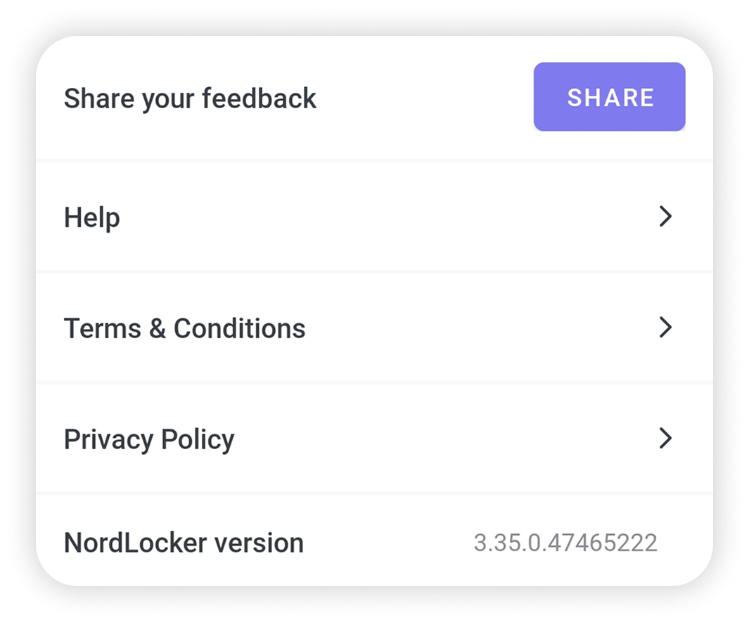 View of NordLocker Android app settings, tos privacy policy version.png