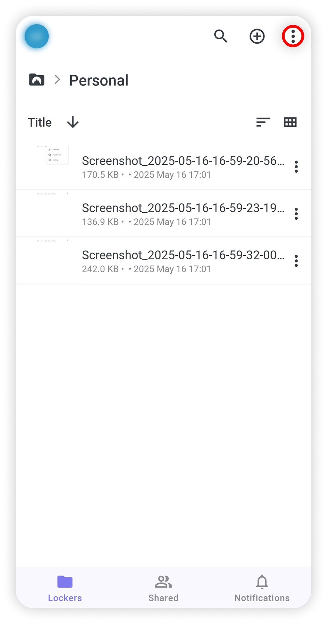 View of NordLocker Android app, three dot button is highlgihted.png