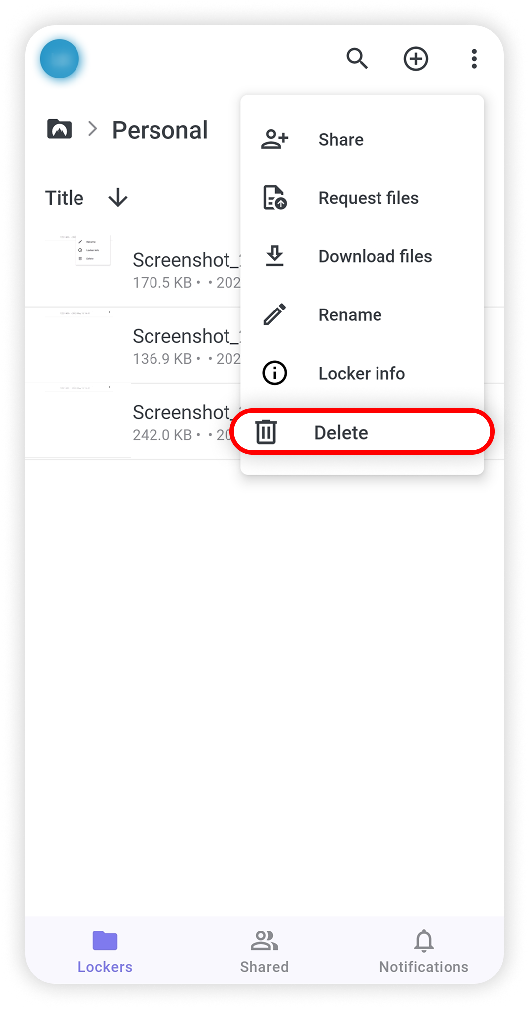 View of NordLocker Android app, delete button is highlighted.png