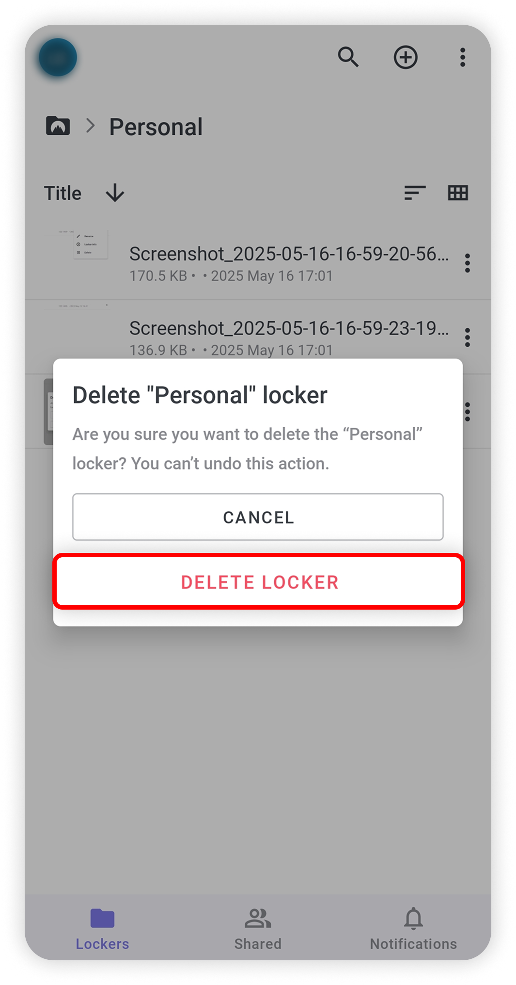 View of NordLocker Android app, delete nordlocker button is highlighted.png