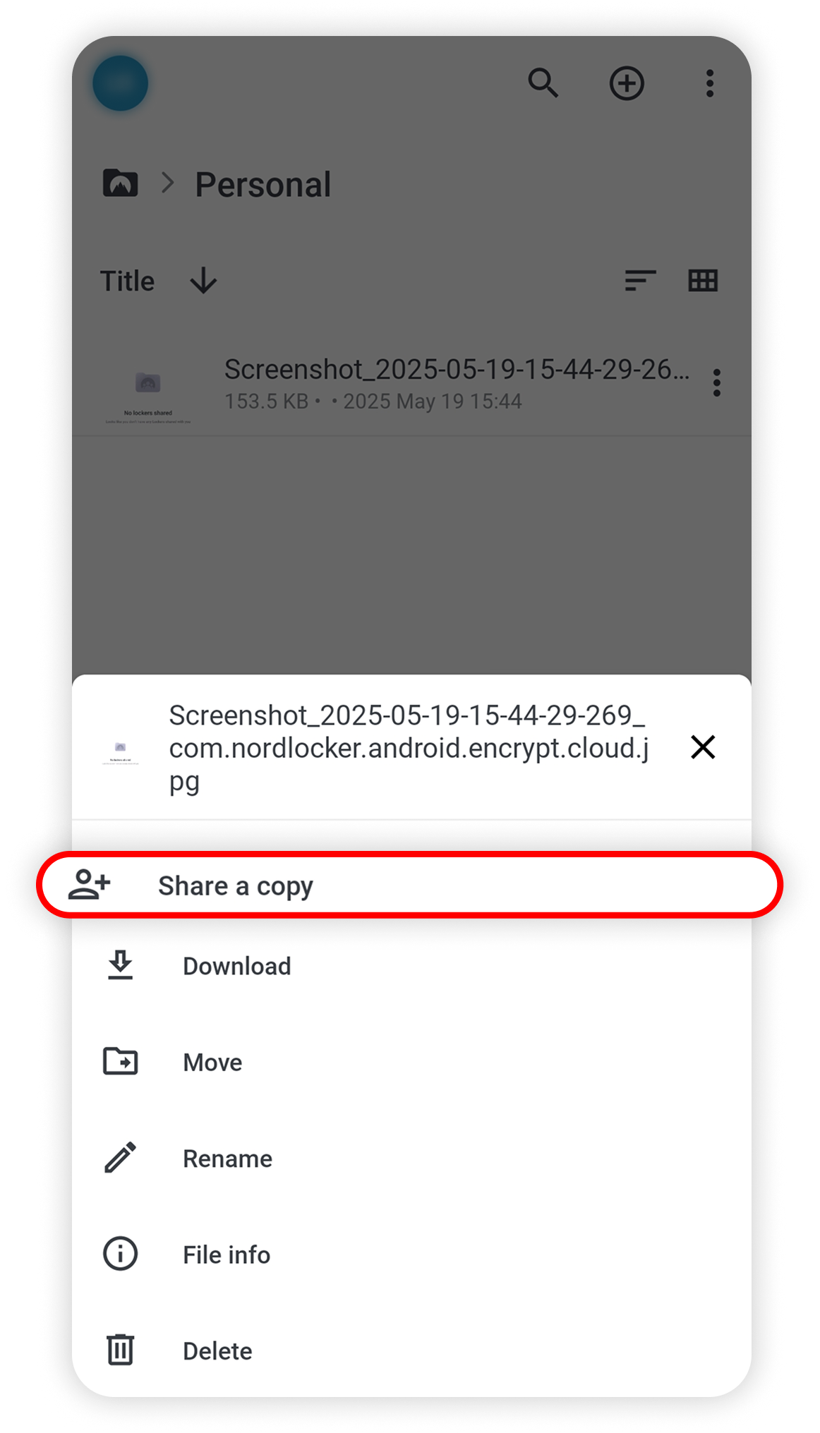 View of NordLocker Android file sharing link, share a copy button is highlighted.png