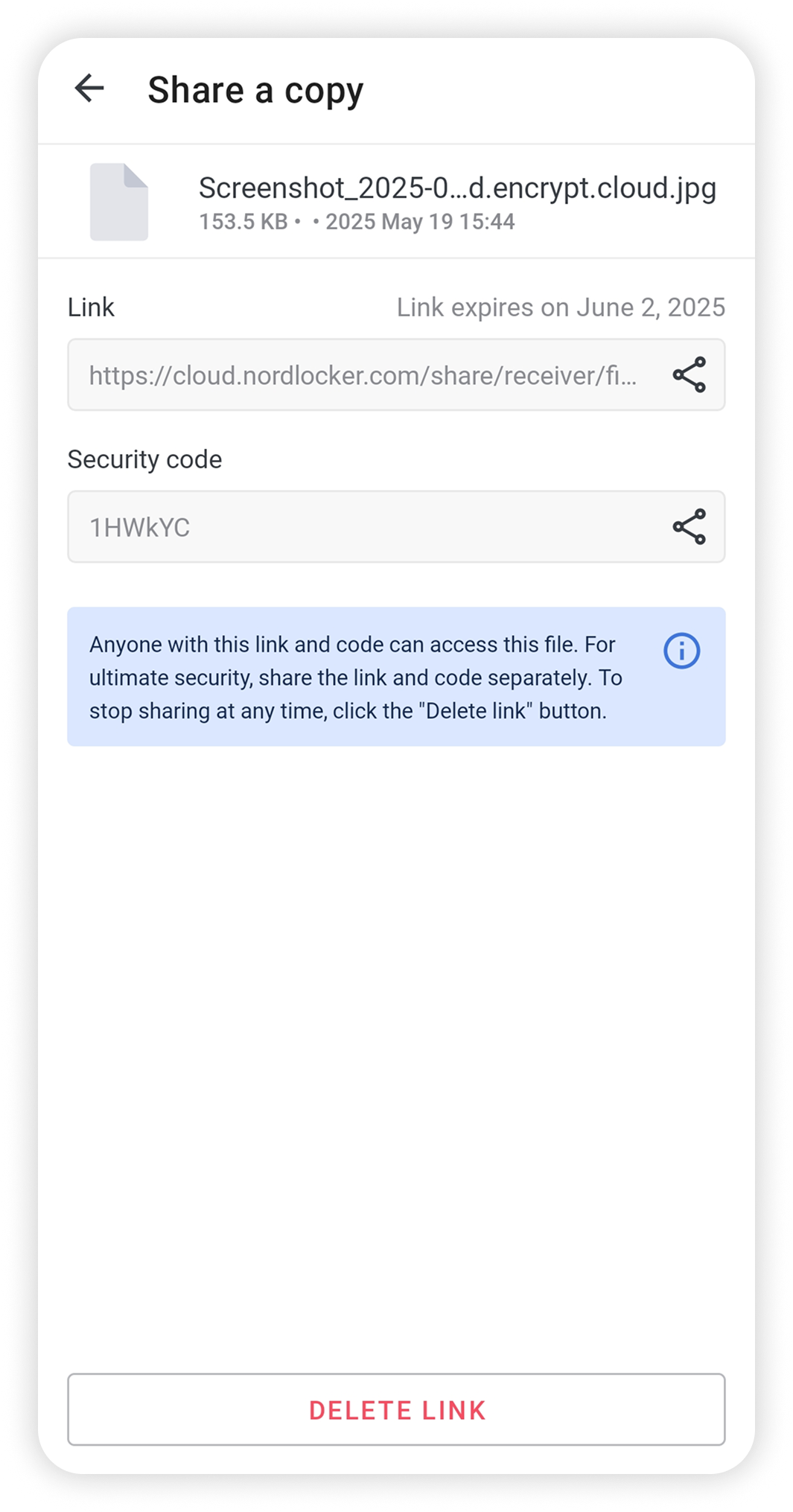 View of NordLocker Android file sharing link, file link.png