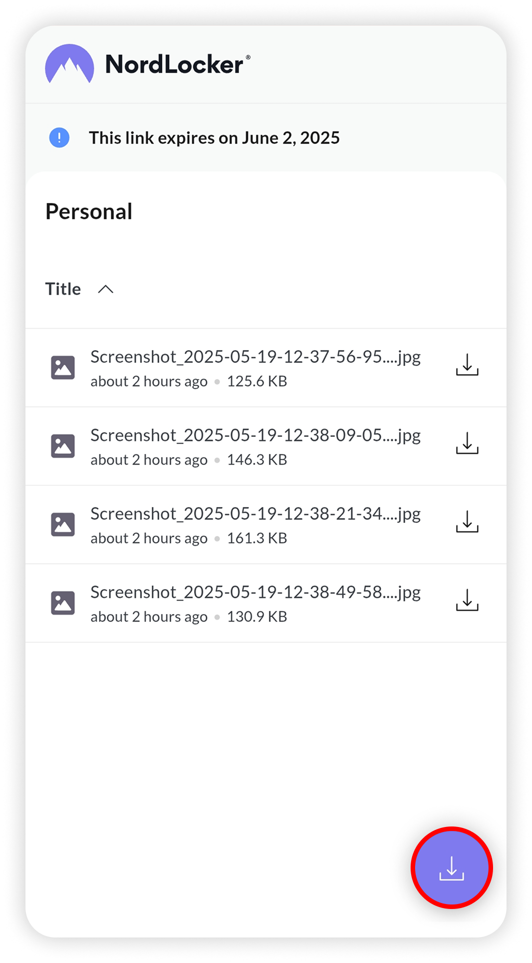 View of NordLocker Android file sharing link, download all button is highlighted.png