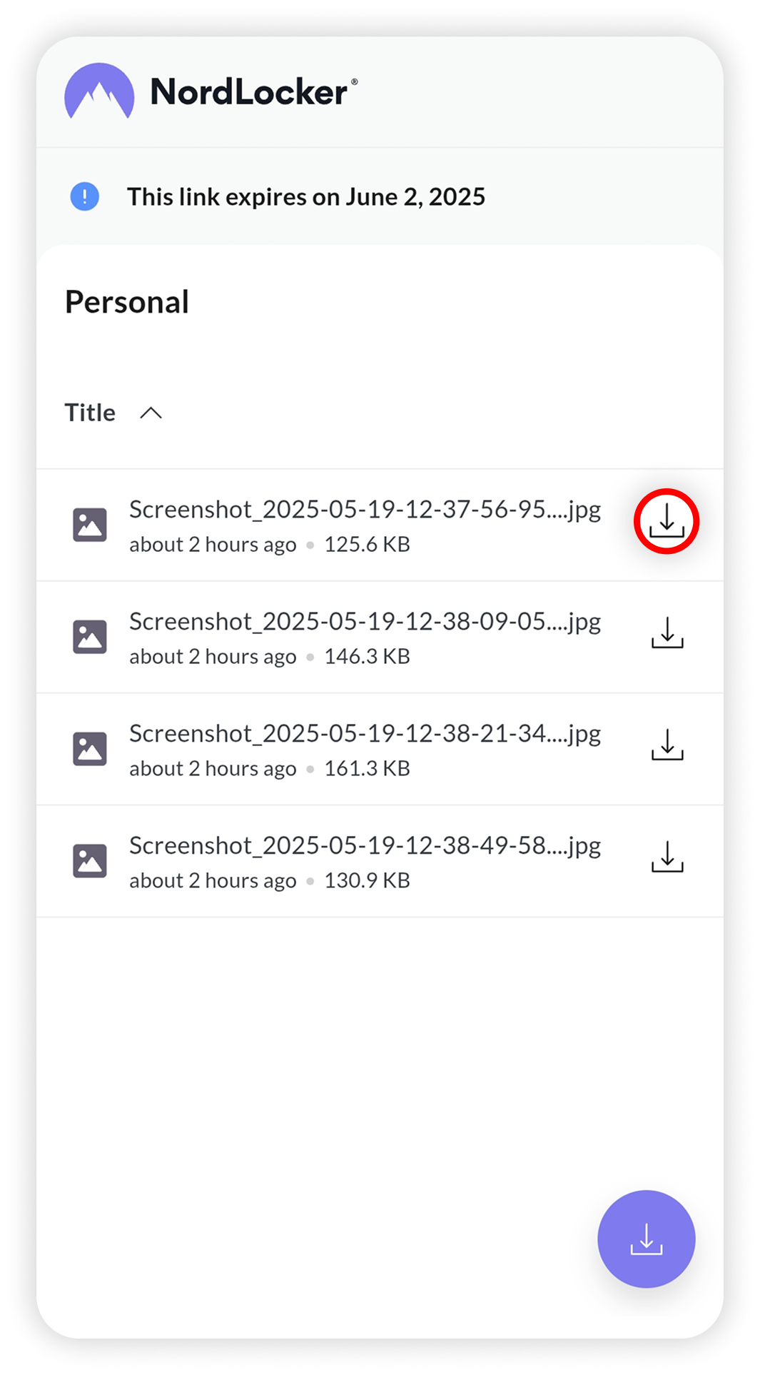 View of NordLocker Android file sharing link, download button is highlighted.png