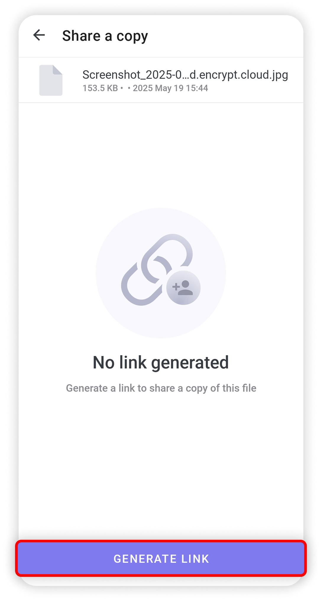 View of NordLocker Android file sharing link, generate link button is highlighted.png