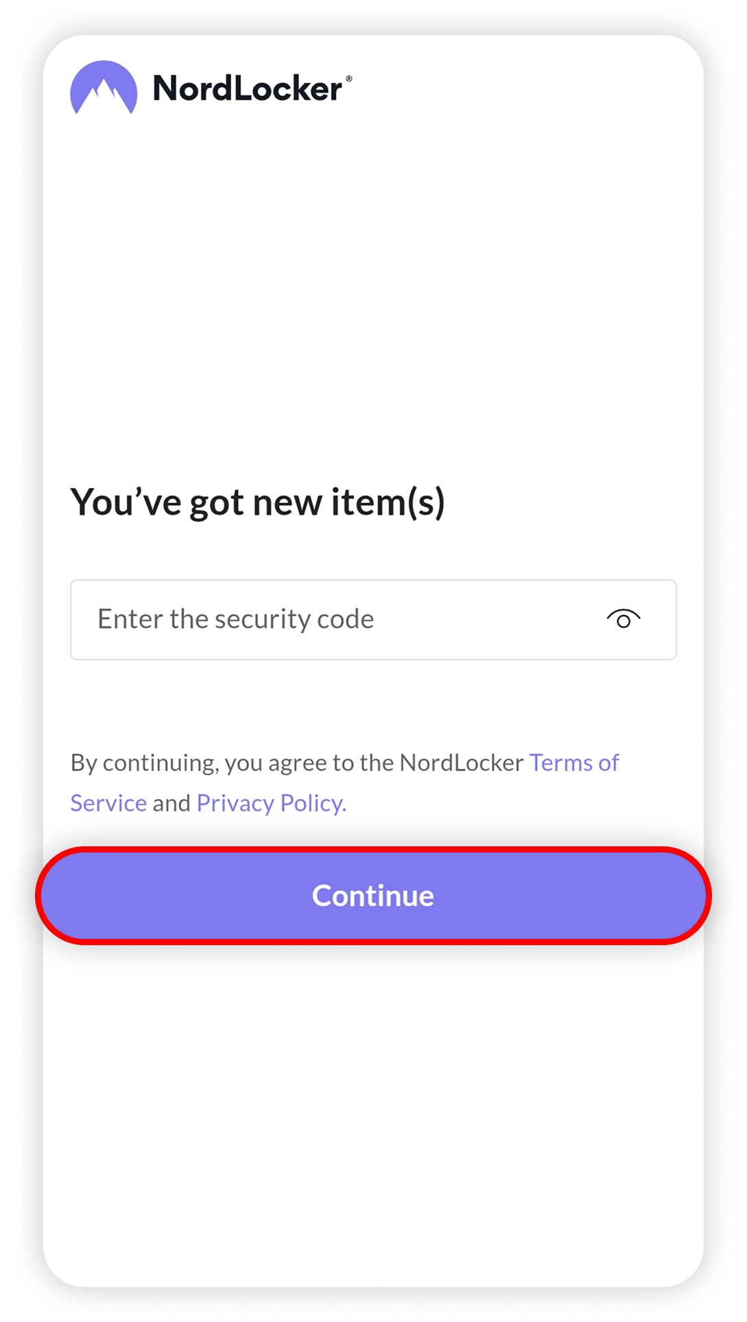 View of NordLocker Android file sharing link, continue button is highlighted.png