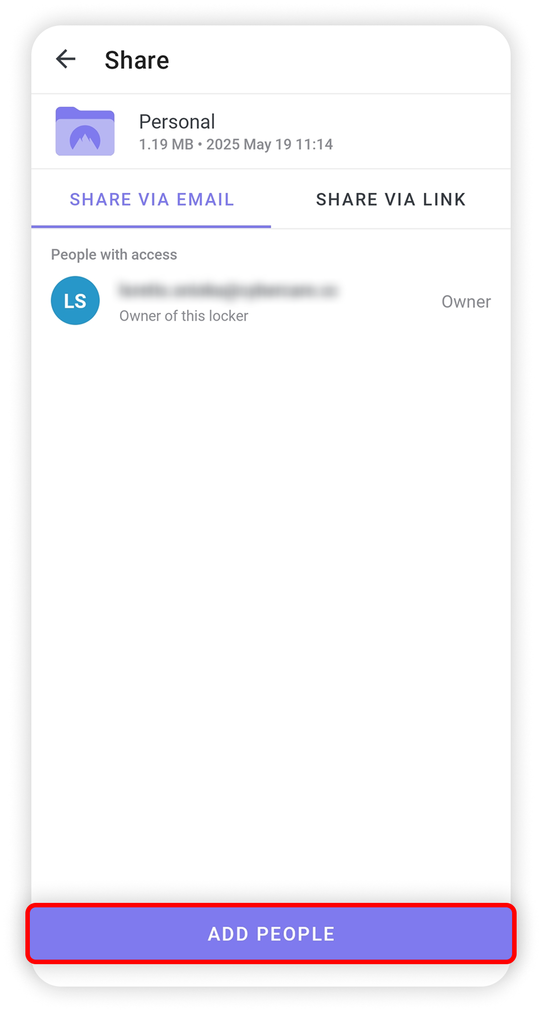View of NordLocker Android application, add people button is highlighted.png
