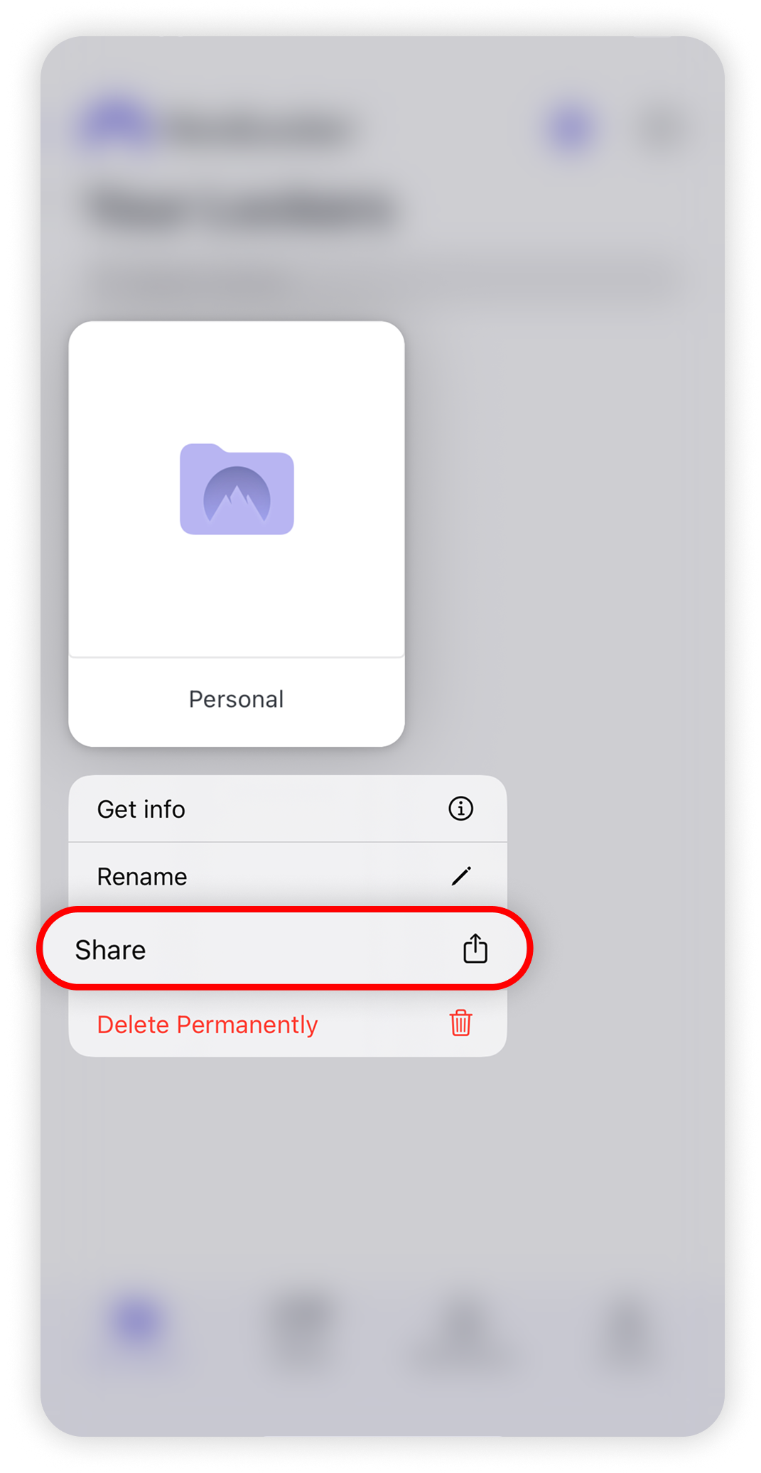 View of NordLocker iOS app, share button is highlighted.png