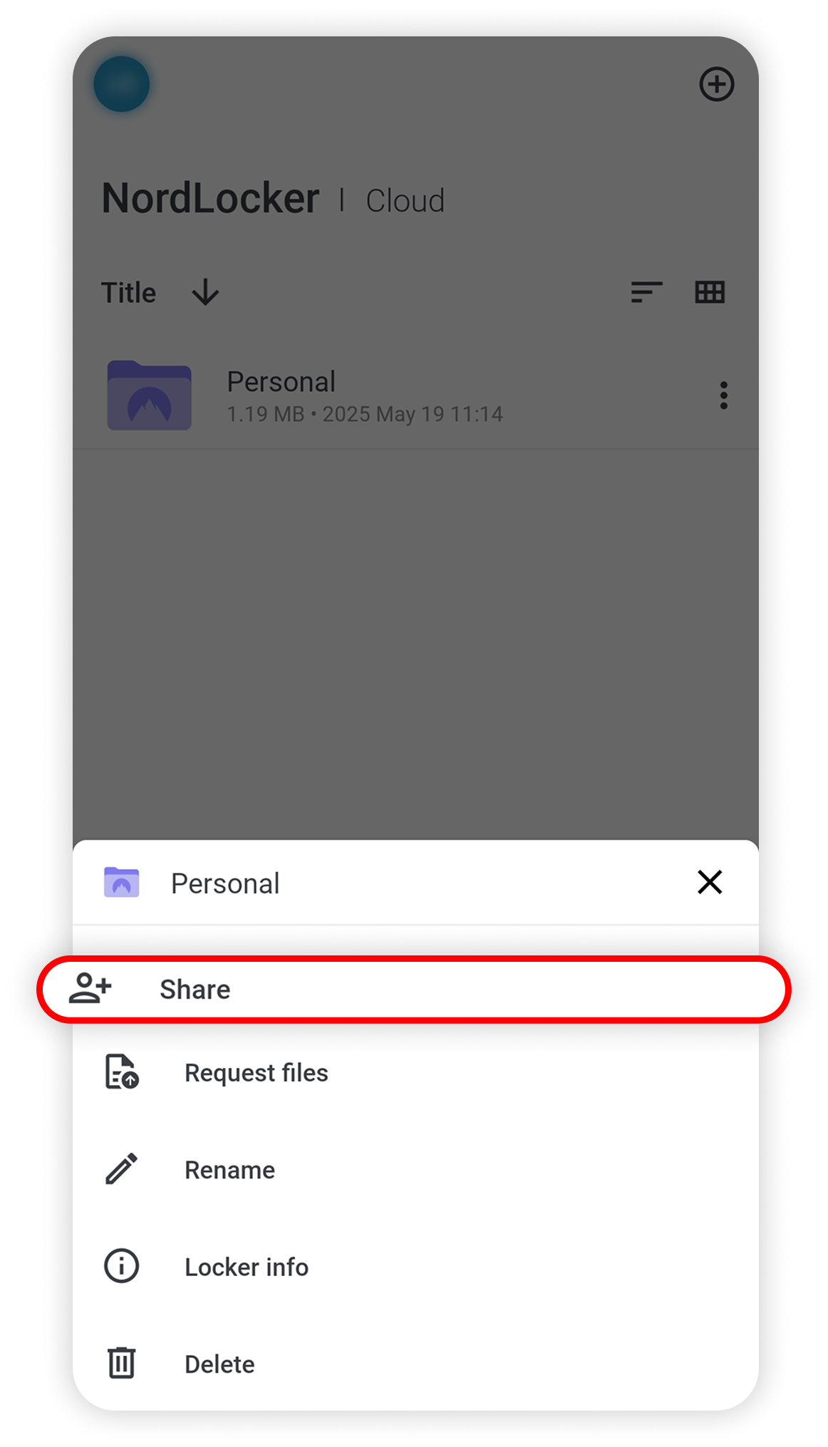 View of NordLocker Android application, share button is highlighted.png
