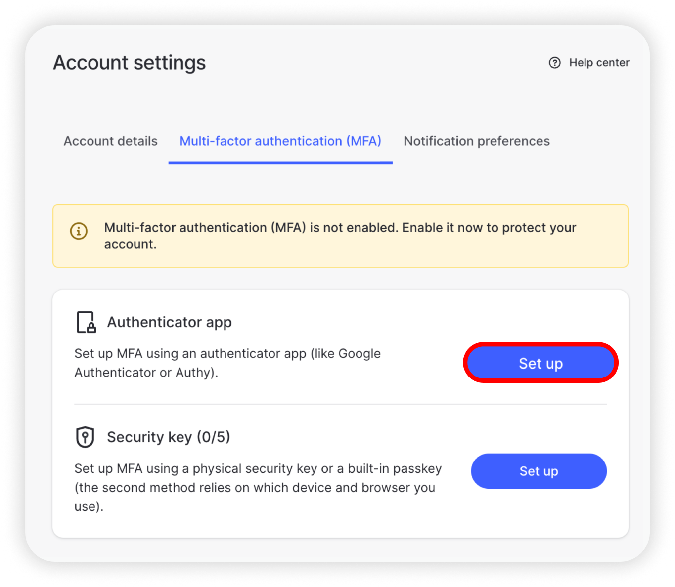 View of NordLocker account settings, MFA selected, Set up highlighted near authenticator app