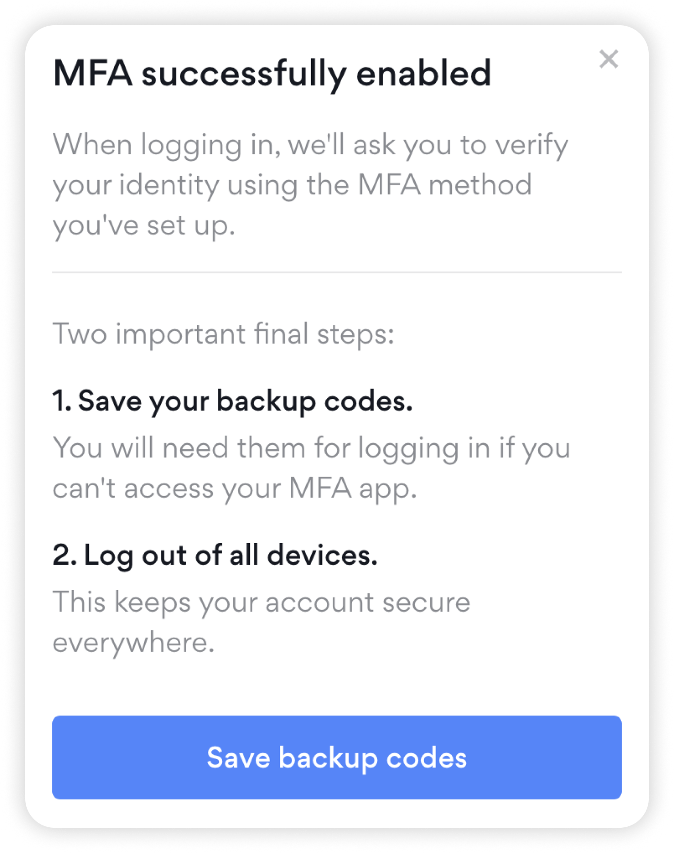 Prompt of MFA being successfully enabled