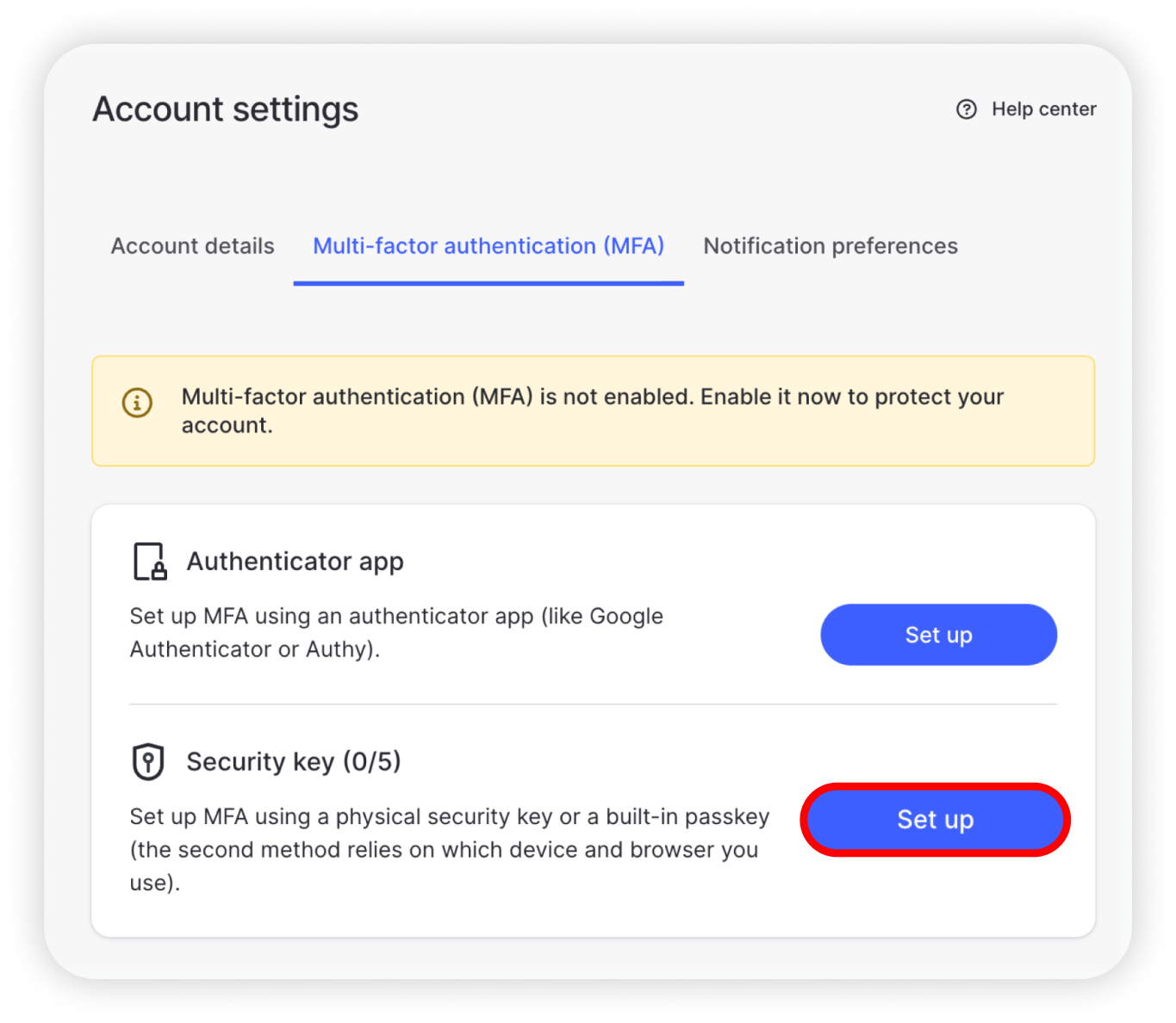 View of NordLocker account settings, MFA selected, Set up highlighted near security key