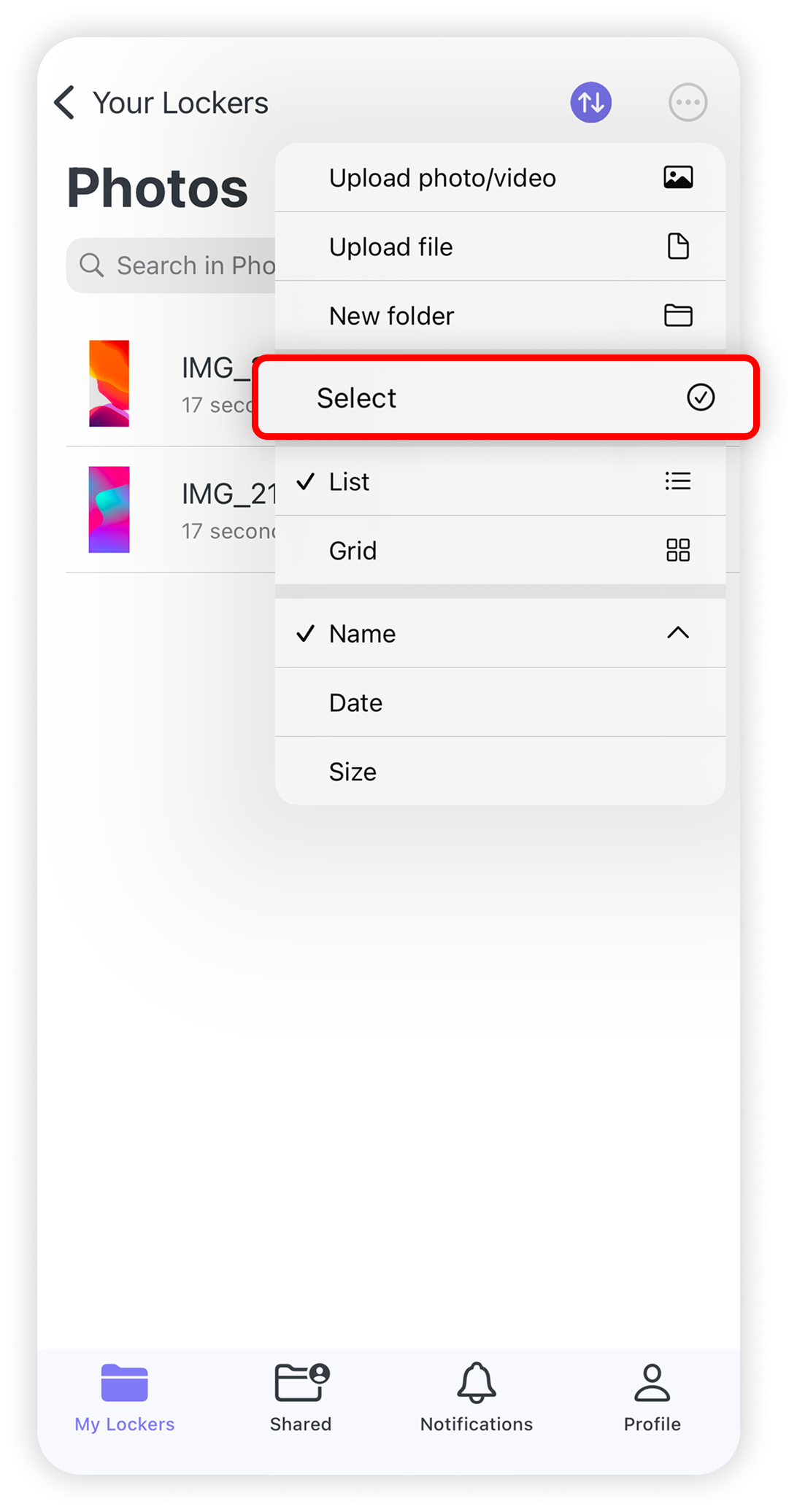 View of NordLocker iOS app, select button is highlighted.png