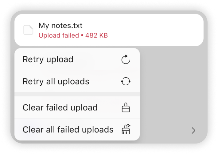 iOS NordLocker menu on the failed My notes.txt upload with four options: Retry upload, Retry all uploads, Clear failed upload and Clear all failed uploads