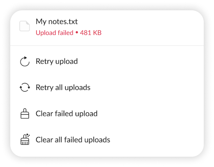 Android NordLocker menu on the failed My notes.txt upload with four options: Retry upload, Retry all uploads, Clear failed upload and Clear all failed uploads